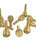 10 Pack Solid Brass Thumb Screws 10-32 Thread 3/4 Inch Diamond Knurled Head With Straight Shoulders, showcasing various angles.