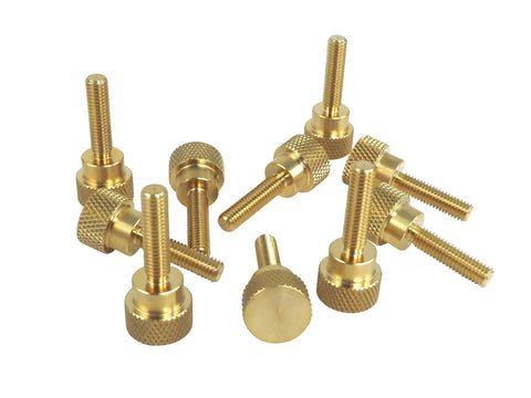 10 Pack Solid Brass Thumb Screws 10-32 Thread 3/4 Inch Diamond Knurled Head With Straight Shoulders, showcasing various angles.
