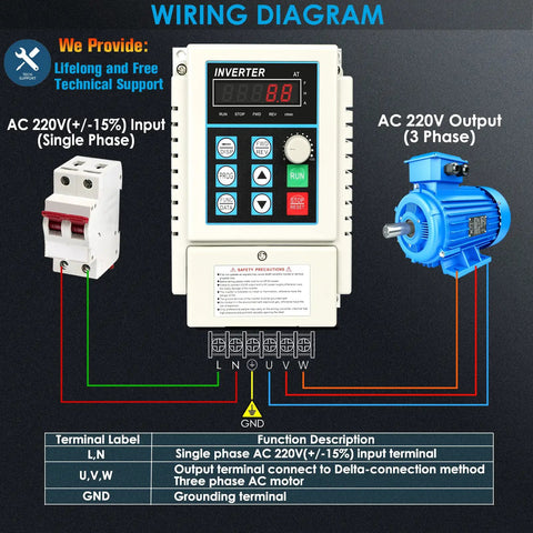 Wiring diagram showing 220V Single Phase To 3 Phase VFD Inverter For Spindle Motor Speed Control with connections and labels