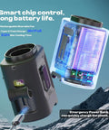Portable Waist Belt Fan With 4 Speeds And 13000 RPM High Airflow showcasing smart chip control and rechargeable battery.
