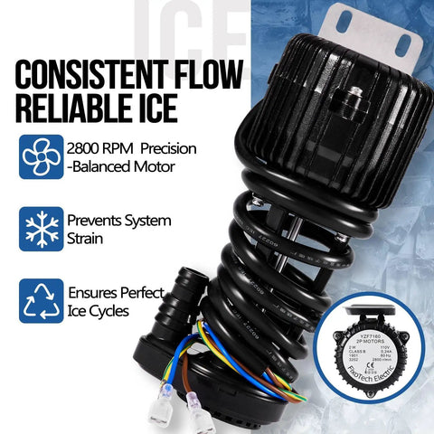 Ultra Quiet 110V 2W Ice Maker Water Pump Replacement For Commercial Machines Pro Grade Build, close-up with specs.