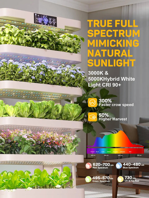Massive Vertical Hydroponic Growing System With 148 Pod Indoor Garden Tower showing plants with full spectrum grow lights