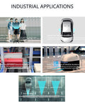 Collage showcasing industrial applications with robots and vehicles using obstacle avoidance sensors in different scenarios.