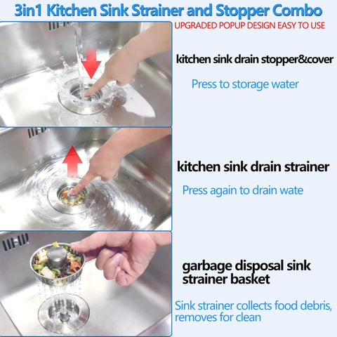 Slick Three In One Pop Up Kitchen Sink Drain Strainer And Stopper Filter catching food scraps and hair while holding water.