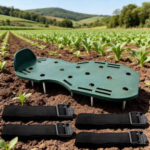 Lawn Aerator Shoes With Spikes For Heavy Duty Yard Work Four Adjustable Straps For Easy Secure Fit, Green PP Plastic in a field.
