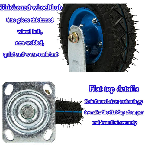 Industrial Pneumatic Caster Wheels With 360 Degree Swivel Top Plate And Fixed Plate For Workbenches, Carts, Furniture, Garage And Outdoor Use, Heavy Duty Casters With Stainless Steel Screws For Easy Moving And Smooth Rolling Setup, featuring thickened wheel hub and flat top details.
