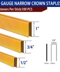 18 Gauge Narrow Crown Galvanized Staples in 1, 3/4, and 1/2 inch sizes for cabinet making and crafts in 100 PCS packs.