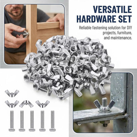 100 Pack 5/16-18 Wing Nuts Zinc Plated Carbon Steel Butterfly Hardware Fasteners stacked with screws for various DIY applications.