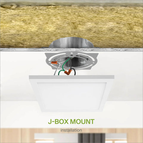 Lit 9 Inch LED Square Flush Mount Ceiling Light 18W 1270 Lumens 3CCT Dimmable installation in progress, J-Box view