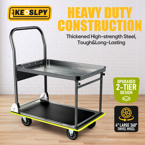 Upgraded Push Cart Dolly 700 Pounds Heavy Duty Foldable Platform Truck with Wheels, showing 2-tier design and steel frame.