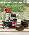 CN55 Coil Nail Gun Pneumatic Siding Nailer with rapid shooting engine for pallets and crating, shown with coils of nails.