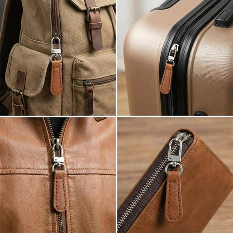 Leather Zipper Pull Replacement Kit With Detachable Clips 16Pcs Assorted Colors Easy Tool Free Install shown on luggage, backpack, jacket, and purse.
