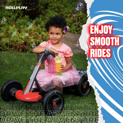 Child on a foldable 6V kids go kart with push start, space saving design, easy fold for quick storage, safe 2 MPH top speed.