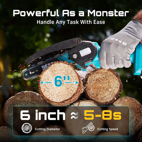 Six Inch Cordless Mini Chainsaw cutting wood with 900W motor and smooth cuts, showing six inch diameter measurement.