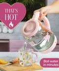 Person pouring water from a Pink Glass Electric Kettle 1.8 Liter With 1100 Watt Fast Boil Auto Shut Off Boil Dry Protection into a mug