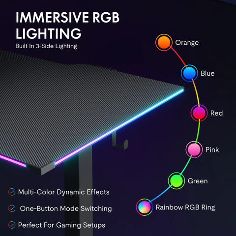 FLEXISPOT E6G CyberX RGB LED Electric Gaming Standing Desk 55 Inch features immersive RGB lighting with multi-color effects.