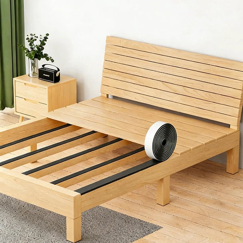 Heavy Duty Anti Squeak Tape For Queen Bed Slats 0.12 Thick X 1.18 Wide X 32.8 Ft on wooden bed frame with slats.