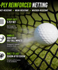 Golf ball hitting 5-ply net from 11 X 8 Ft Golf Net With HD Impact Screen And Target Cloth Five Ply Impact Resistant Netting Indoor Outdoor Backyard Golf Cage For Garage Simulator Full Swing Practice And Wall Protection.