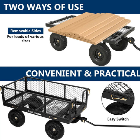 All Terrain Steel Garden Cart With 10 Inch Wheels And 180 Degree Rotating Handle Removable Sides Heavy Duty 4 Cu Ft Capacity Utility Wagon For Yard Work On Grass And Mud Carries Up To 400 Lbs Black with removable sides for versatile use