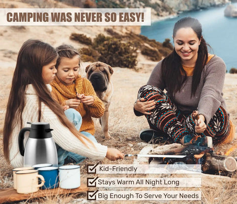 Family camping with 68 Oz Stainless Steel Thermal Coffee Carafe With 12 Hour Heat Retention And 24 Hour Cold Retention