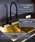 Cool Touch-Flo Style Pure Cold Water Dispenser Faucet in oil rubbed bronze next to larger faucet, installed on a gold sink