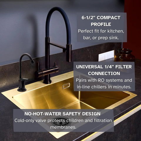 Cool Touch-Flo Style Pure Cold Water Dispenser Faucet in oil rubbed bronze next to larger faucet, installed on a gold sink