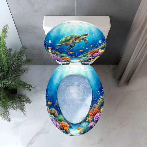 Elongated Resin Toilet Seat for Bathroom with turtle and coral design, fits standard toilets, vibrant underwater theme