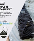 Travel Sling Bag For Daily Use, A Lightweight Crossbody That Is Slim, Compact, And Ready For Commutes Or Travel, Includes Lifetime Lost And Found ID Tag, Water Resistant Black Finish shown on a person