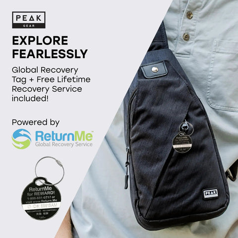 Travel Sling Bag For Daily Use, A Lightweight Crossbody That Is Slim, Compact, And Ready For Commutes Or Travel, Includes Lifetime Lost And Found ID Tag, Water Resistant Black Finish shown on a person