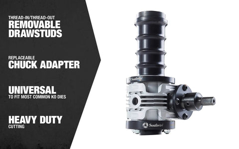 Knockout Punch Driver Kit with removable draw studs, chuck adapter, and compact aluminum design for cordless drill
