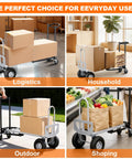 Heavy Duty 4 In 1 Convertible Hand Truck Dolly Cart With 1000 Lbs Capacity Folding Frame, loaded with boxes in logistics setting.