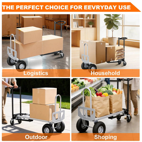 Heavy Duty 4 In 1 Convertible Hand Truck Dolly Cart With 1000 Lbs Capacity Folding Frame, loaded with boxes in logistics setting.