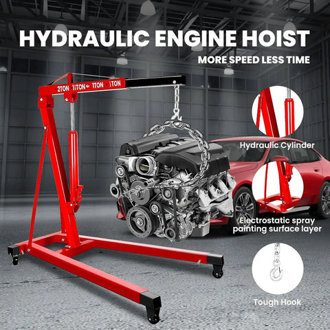 Heavy Duty 2 Ton Hydraulic Engine Hoist Cherry Picker Shop Crane With Telescopic Boom and Dual Wheel Casters lifting an engine.