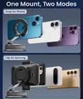 Two In One Car Phone Mount With Magnetic Clip For MagSafe And Android showing snap mode for iPhone and clip mode for Samsung.