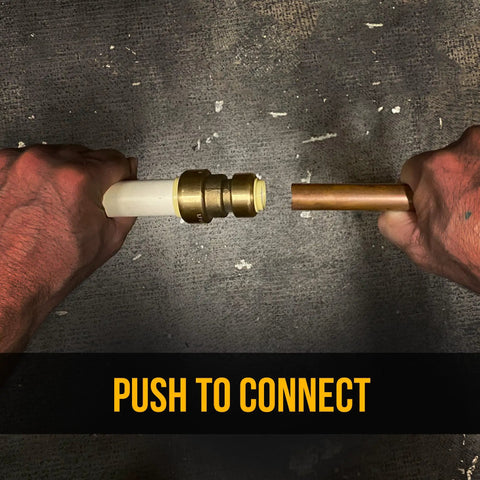 Eleven Pack Push Fit Plumbing Kit for Copper PEX CPVC Pipes No Tools Quick Connect Fittings hands pushing together coupling