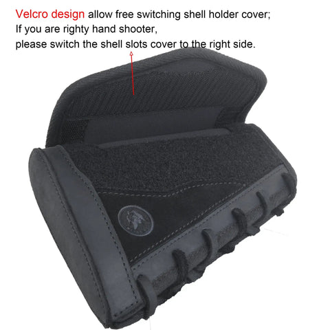 Durable Leather Rifle Stock Cover With Built In Recoil Pad And Cartridge Sling For Calibers Including.357.30-30.45-70 Mag.22LR.22 Mag.17 HMR And 12 Gauge Shotguns Black Set showing velcro design