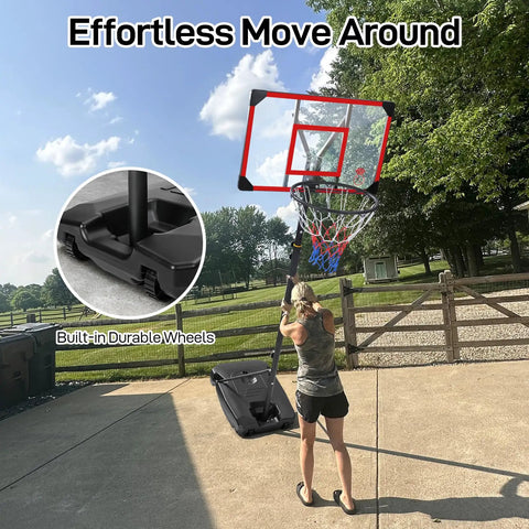 Woman adjusting Kids Adjustable Outdoor Basketball Hoop 4.82 To 8.53 Feet Portable Backyard Driveway Hoop With Enlarged Base And PC Backboard