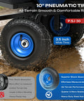 Close-up of 10 inch non-slip pneumatic tire on 900 Pound Capacity Garden Dump Cart With 10 Inch Non Slip Pneumatic Tires Built Tough Heavy Duty 4 Wheel Wheelbarrow Cart Quick Release System Steel Frame Wagon For Yard Farm Garden Hauling.