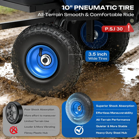 Close-up of 10 inch non-slip pneumatic tire on 900 Pound Capacity Garden Dump Cart With 10 Inch Non Slip Pneumatic Tires Built Tough Heavy Duty 4 Wheel Wheelbarrow Cart Quick Release System Steel Frame Wagon For Yard Farm Garden Hauling.