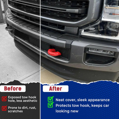 Red Silicone Front Tow Hook Covers For Ford Super Duty F250 F350 F450 2017-2026, Flush Fit Design, Easy Install - Before and After