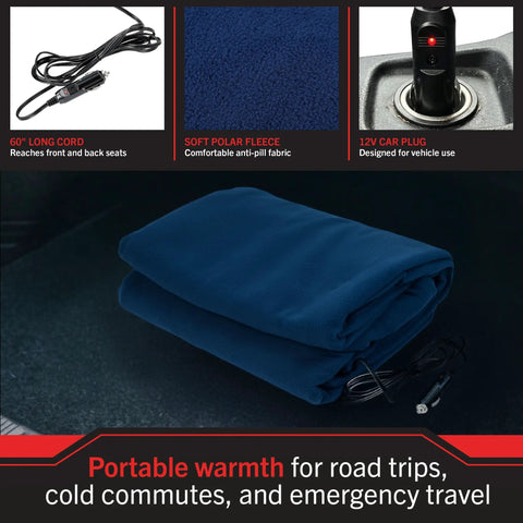 Cozy 12V Heated Car Blanket For Cars Trucks SUVs Or RVs Portable Electric Travel Throw For Road Trip shown folded with plug