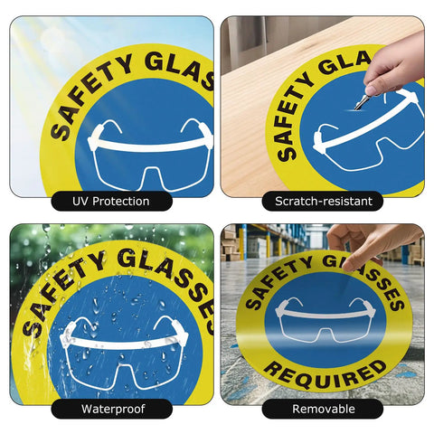 Four images showing the features of Five Pack Safety Glasses Required Signs 17 by 17 Inches Self Adhesive Vinyl Waterproof Signage.
