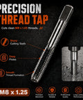 Heavy Duty M8x1.25 Thread Repair Kit With Premium HSS Drill Bit And 40 Pieces Of 304 Stainless Steel Inserts For Snug And Tight Metal Fixes That Last. M8 x 1.25 thread tap shown cutting metal threads.