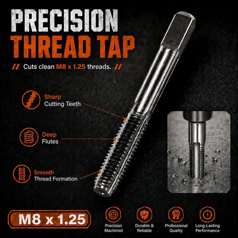 Heavy Duty M8x1.25 Thread Repair Kit With Premium HSS Drill Bit And 40 Pieces Of 304 Stainless Steel Inserts For Snug And Tight Metal Fixes That Last. M8 x 1.25 thread tap shown cutting metal threads.