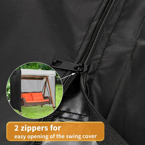 Close-up of zipper on All Weather Waterproof Outdoor Swing Cover For 3 Seater Patio Swing And Hammock Glider Chair with inset image