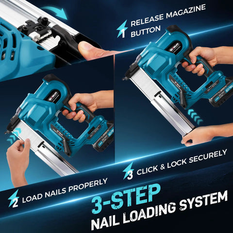 3-step loading system for Heavy Duty Cordless Brad Nailer, Bad Boy 2 In 1 Nail Gun For Wood, 18 Gauge Stapler.