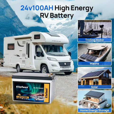 100Ah 24V LiFePO4 Battery With Built In 100A BMS for RVs, trolling motors, boats, and solar storage solutions.