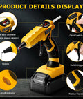 Cordless hot glue gun for 18V and 20V Max batteries with nozzle, LED indicator, and rubber handle details