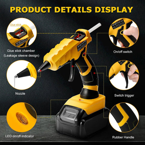 Cordless hot glue gun for 18V and 20V Max batteries with nozzle, LED indicator, and rubber handle details