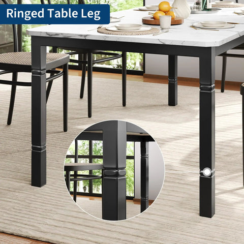Killer Quality 79 Inch Wooden Dining Table For 6 To 8 Folks Featuring A Sturdy Rectangular Design And Rich Woodgrain Texture. Close-up of ringed black table leg.